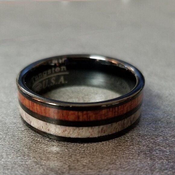 Men's Real Tungsten Wedding Ring With Deer Bone and Whiskey Barrel Wood Inlays - Picture 4 of 5
